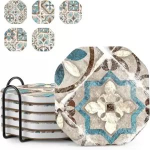 우미로 커피 테이블 장식용 음료 컵받침 소박한 레트로 보호 농가 나무 테이블용 흡수 컵 매트 만다라