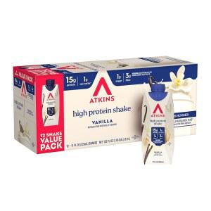 앳킨스 바닐라 고단백 쉐이크, 15g 단백질, 저혈당, 저탄수화물 및 저설탕 단백질 케토 친화적으로 마실 준비 완료, 맛 쉐이크 12가지