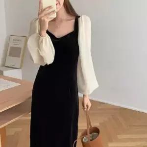 [의류] 시스루 소매 벨벳 질감 롱원피스 하트넥 하객룩