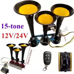 에어혼 화물차 크락션 LED 125DB 에어 호른 12/24V 15 톤 3 튜브 수정 트럭 기차 트레일러 시끄러운 전기