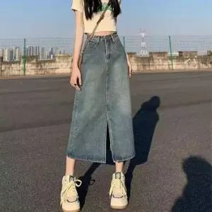 [의류] 밑단 트임 데님 에이라인 롱 스커트 청치마