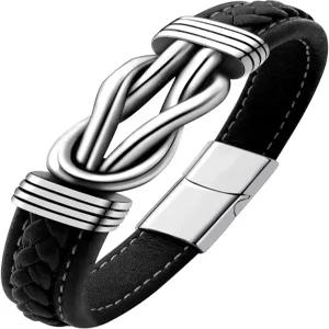 올데일리 남성용 블랙 땋은 가죽 팔찌 그린/레드/브라운/블랙 인피니티 매듭 길이 7.5/8.5/9인치