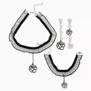 [에이치플러스몰](목걸이+귀걸이+팔찌) (은침) 장미 레이스 초커 세트