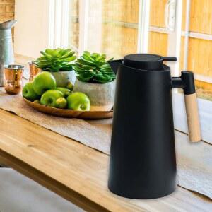 아이리섬 1L 주전자 블랙 진공 이중벽 보온 커피포트 플라스크 손잡이 냄비 카라페 나무
