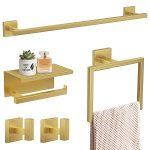 TURS 브러시드 골드 5피스 욕실 하드웨어 세트, SUS304 스테인리스 스틸 23.6인치 타월 바 정사각형 액세서리 키트 벽걸이