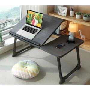침대 소파용 노트북 책상 노트북용 책상용 휴대용 스탠드 소형 조절식 접이식 테이블 필기용 컵 홀더가 있는 트레이 테이블(블랙)