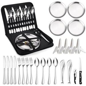 캠핑 실버웨어 키트 식기 정리 도구 피크닉 세트 스테인리스 강판 스푼 클립 및 톱니 모양 나이프 와인 오프너 포크 냅킨 하이킹 - 캠프 키친 BBQ u2019s