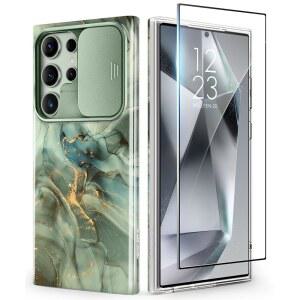 삼성 갤럭시 S24용 GVIEWIN 슬라이드 카메라 커버+스크린 프로텍터, [군용 등급 충격 방지] S24 울트라 6.8용 대리석 보호 슬림 & 터프 폰 케이스 (사막 드림 / 그린)