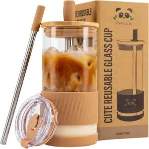 판달루 뚜껑과 빨대가 있는 유리컵 - 20 Fl Oz- 완벽한 크기의 아이스 커피 컵 대나무 이동 중 뚜껑이