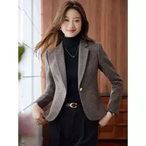 겨울 캐주얼 여성용 모직 울 코트 도톰한 트렌디 정장자켓 쇼트 상의 아이템 정장 체크 HT4