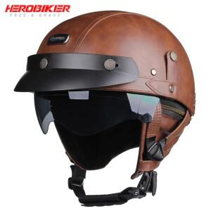 바이크 오토바이 레트로 가죽 하프 페이스 도트 인증 헬멧, 빈티지 여름