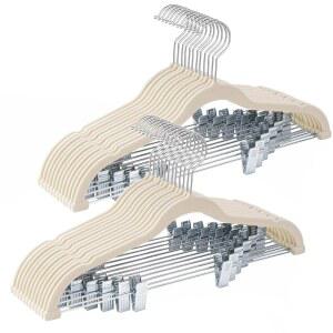 마트 24팩 베이지 벨벳 옷걸이 클립 조절 가능 헤비 듀티 펠트 미끄럼 방지 공간 절약 바지 스커트 정장 코트 드레스 등 슬림한 의상걸이