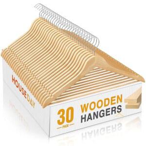 하우스 데이 슬림 나무 옷걸이 30팩 미끄럼 방지 어깨 노치가 있는 견고한 바지 바 셔츠 정장 재킷 내추럴을 위한 부드러운 마감