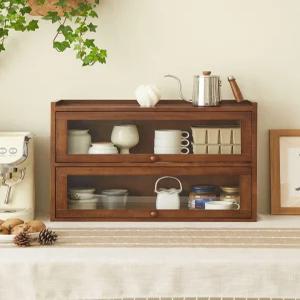 빈티지 그릇장 원목 우드 컵 미니찬장 홈카페 미닫이