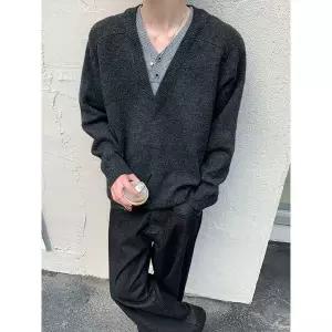 남성용 니트 가을 페이크 투피스 브이넥 스웨터 차콜 V넥 코트 admr3