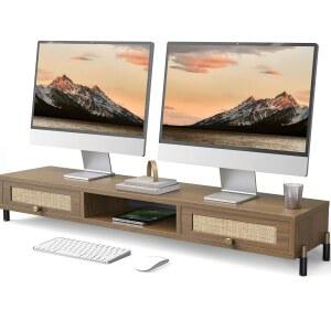 책상용 펜지 듀얼 모니터 스탠드 - 라탄 직조 서랍이 있는 긴 나무 라이저 2인용 책상 선반 노트북 프린터 TV용 빈티지 컴퓨터