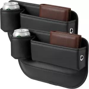 토요스포츠 2 PCS 카시트 갭 필러 정리함 컵 홀더가 있는 PU 가죽 사이드 콘솔 보관함 캔 휴대폰 열쇠