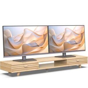 서랍이 있는 Well Weng 대나무 모니터 스탠드 - 케이블 관리 보관 책상 정리함 홈 오피스용 인체공학적 노트북 라이저(220파운드 용량 39인치 내추럴)