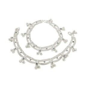 여성 보석 전통 인도 발찌 페이얼 세트 부드러운 벨 진주 에나멜 구슬 매력이 있는 실버 톤 체인 디자인 착용하기 쉬운 S-훅 걸쇠 신부 결혼식 파티 댄스 주얼리