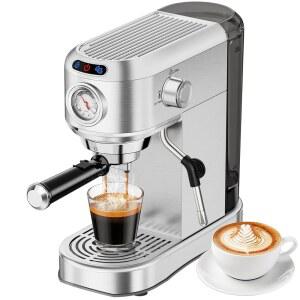 애니콜드 에스프레소 머신 20바 컴팩트 메이커 스팀 밀크 프로더 34온스 탈착식 물탱크가 포함된 스테인리스 스틸 익스프레스 커피 카푸치노 라떼 홈 오피스용 실버