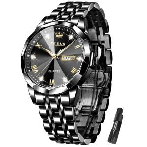OLEVS 남성 시계 스테인리스 스틸 아날로그 쿼츠 시계 남성 데이 데이트 이지 리딩 다이아몬드 방수 원피스 럭셔리 클래식 캐주얼 빅 페이스 블루 / 블랙 / 골드 / 실버 로마 아라비아 숫자 남성 손목 시계