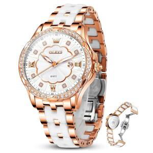 OLEVS 여성 세라믹 시계 럭셔리 샤이닝 다이아몬드 로즈 골드 시계 여성 아날로그 쿼츠 여성 원피스 시계 캐주얼 방수 손목 시계 Leloj para Mujer 데이 데이트 여성