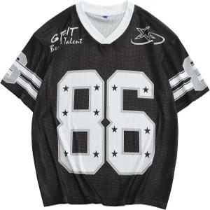 아르치잇 남성 86 그래픽 저지 Y2K 빈티지 배기 브이넥 티셔츠