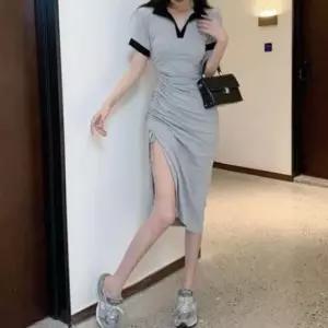 [옷은날개] 배색 입기 옆셔링 카라 원피스 가볍게 니트원피스 롱