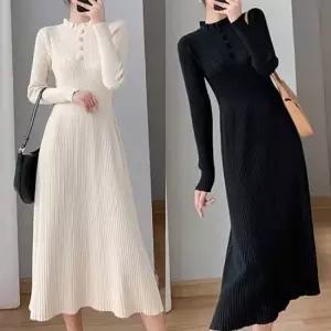 셀프웨딩원피스 사선 골지 니트 롱원피스 A스커트 라인 프릴넥