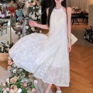 린넨원피스 예쁜 플라워 자수 홀터넥 캉캉 롱원피스 A라인 뒷리본