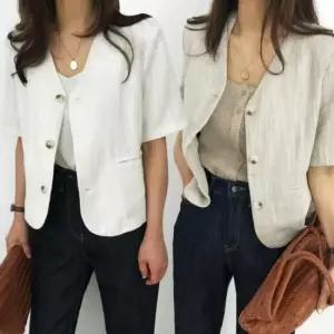 반팔크롭자켓 여성 여름자켓 노카라 면 반팔 자켓 슬림핏 린넨자켓