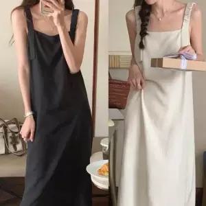 [옷은날개] 데일리 베이직 블랙 아이보리 뷔스티에 멜빵 롱원피스