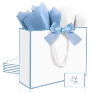손잡이 우아한 대형 선물 가방 3팩 12.6x10x4 인치 - 생일 베이비샤워 결혼식 기념일 크리스마스 연말 선물용 휴지 카드 세트(블루 림 포함 3Pcs 흰색 화이트)