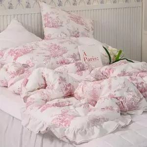 [콩심팥심]이불패드세트 디오레 30수 광목 프릴 차렵이불 패드세트 퀸 Q (핑크)
