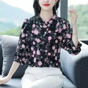 여성용 실크 가을 쉬폰 슬림핏 상의 블라우스 누에고치 7부 1PICK3