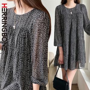 잔꽃 플라워 레이어드 루즈핏 쉬폰 긴팔 미니 원피스 HF102