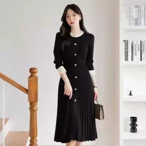 [시크라인] (~XXL까지) 자엘르 배색 진주버튼 플리츠 니트원피스 가을 하객룩 오피스룩 모임룩 격식룩 빅사이즈