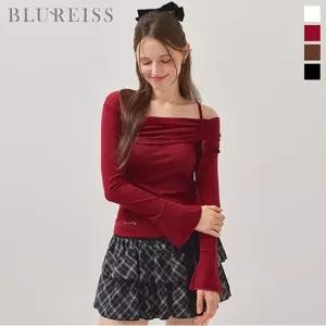 [블루레이스] 셔링 반오프 숄더 슬림 티셔츠_B5F1TS6551