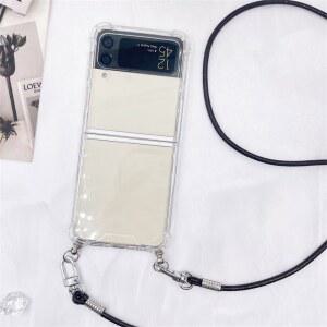 핸드폰케이스 갤럭시 Z 플립 5 6 4 3 7 커버 에 대한 세련된 크로스 바디 매는 밧줄 목걸이 가죽 스트랩 전화 케이스
