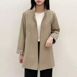 여자 40대 봄자켓 배색체크 하이넥 하프 트렌치코트_3