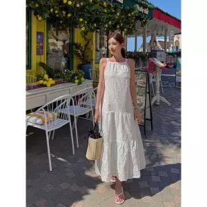 [비바럽]엘리아 펀칭 비치 원피스 OP20351F 화이트 리본 레이스 체형커버 루즈핏 캉캉 롱.._P414628568