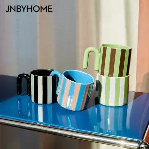 세라믹 머그컵 U형 280ml 투톤 스트라이프 카페 빈티지 손잡이 JNBYHOME