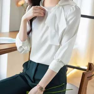 여성 봄 간절기 망사리본 포인트 긴팔 블라우스 긴팔블라우스 간절기블라우스 호이트블라우스 리본블라우