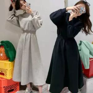 여성 슬림핏 허리 밴딩 캐주얼 라운드 롱 맨투맨 원피스