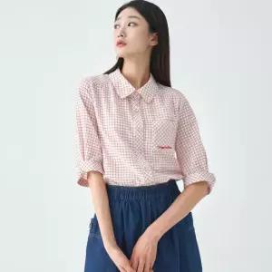 [지센] 여성 잔체크 둥근카라 포켓 블라우스 LCWSO531_RE