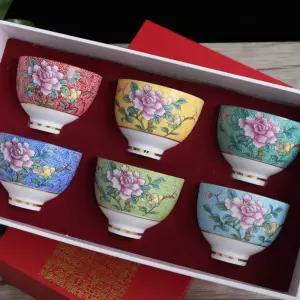 순수 레트로 플라워 다기 찻잔 6p세트 80ml 작약 집들이선물 선물용 도자기 디자인 고급 예쁜