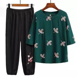 숨쉬는 나뭇잎 자수 상하의 바지 세트 티셔츠 투피스 홈웨어 셋업 바지 봄 여름 반바지 반팔 엄마 여자