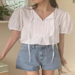 여성 2컬러 로맨틱무드 여름 퍼프 리본 반팔 블라우스