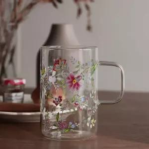 프로방스 플라워 머그컵 500ml빈티지유리 집들이선물 머그 꽃유리잔 홈카페 유리 무늬 머그잔