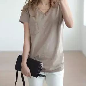 여성 소프트 워싱 여름 무지 흰색 면티 포켓 홈웨어 순면 기본 흰티 브이넥 반팔 티 티셔츠
